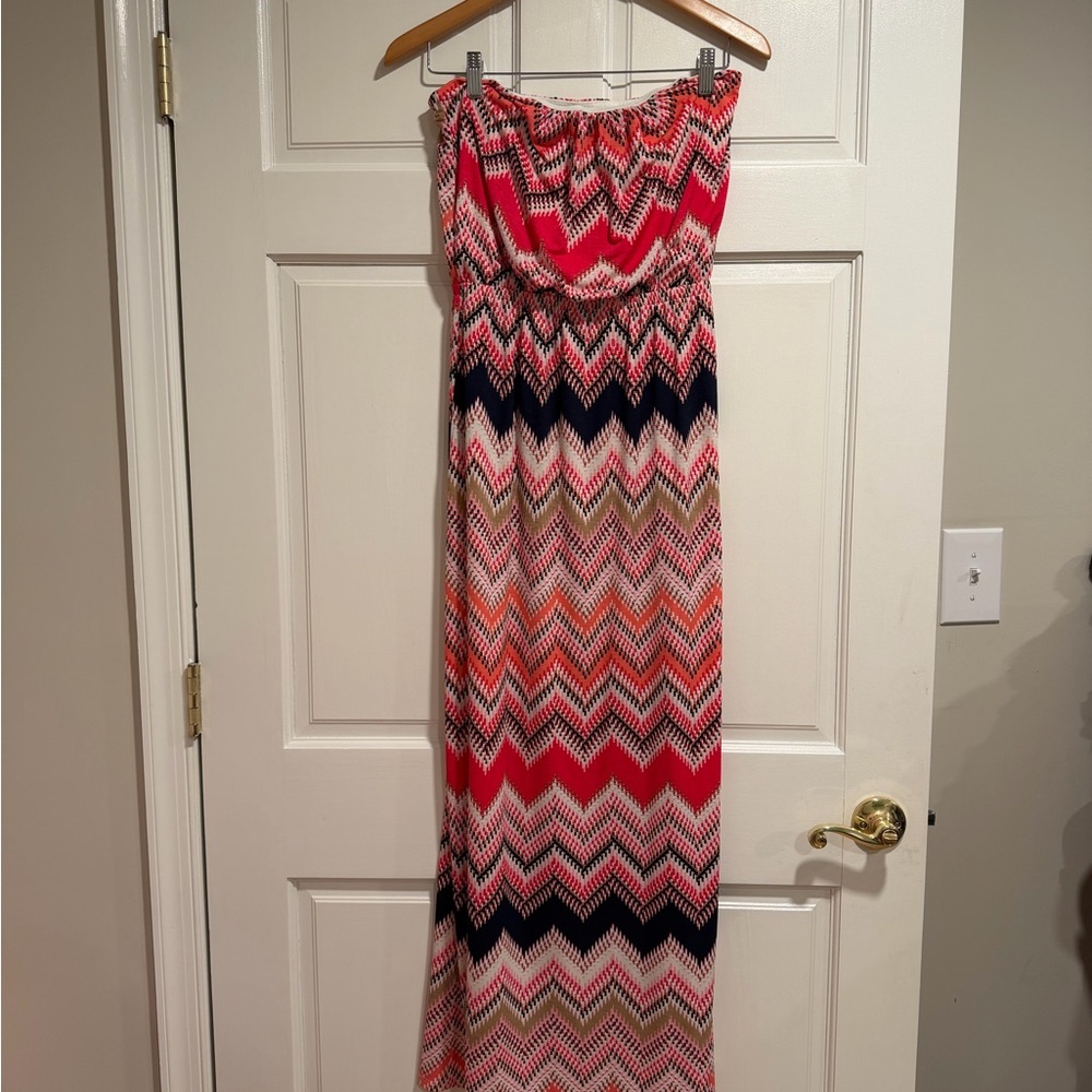 Trixxi Strapless Chevron Maxi Dress - Coral, Navy, Cream, Tan